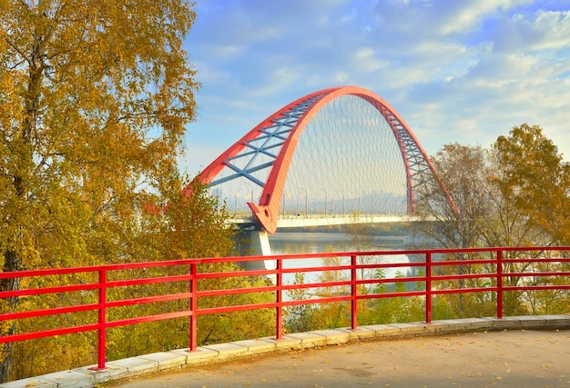 Bugrinsky Bridge na Ob Łukowy most drogowy z Bugrinskaya Grove Park Nowosybirsk