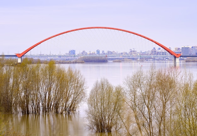 Bugrinsky Bridge w Nowosybirsku Łukowy most drogowy nad rzeką Ob