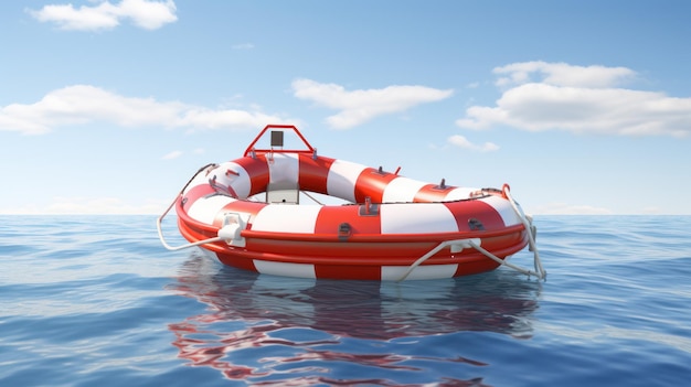 Zdjęcie bujka ratunkowa na morzu z czerwonym i białym sprzętem ratunkowym stworzonym w 3d na białym tle