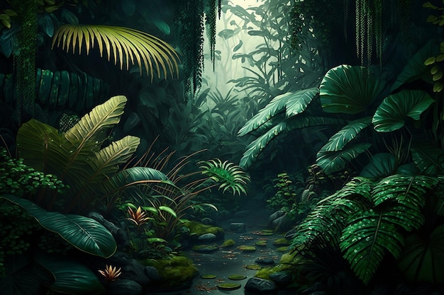 Bujna amazońska dżungla las tropikalny piękny krajobraz z drzewami i krzewami krzewy i wiele innych roślin Ciemnozielone liście las deszczowy Natura Ilustracja Obraz jest generowany przez sztuczną inteligencję