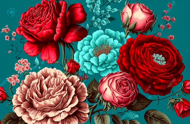 Bujna ilustracja kwiatowa na botanicznym tle tapety ze szczegółowymi pastelowymi wzorami, idealna do projektów wnętrz, wystroju domu, projektowania wzorów, tekstyliów i sztuki kwiatowej., stworzony we współpracy z Ge