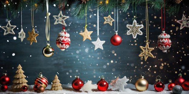 Bujna świąteczna tapeta reklamowa z pięknymi ozdobami bożonarodzeniowymi i odstępami między tekstami