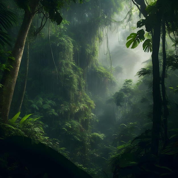 Bujna, tętniąca życiem ciemnozielona tropikalna dżungla z gęstym baldachimem drzew i poczuciem eksploracji