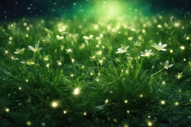 Zdjęcie bujna trawa i piękne kwiaty w nocy
