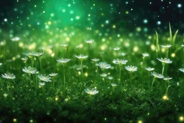 Zdjęcie bujna trawa i piękne kwiaty w nocy