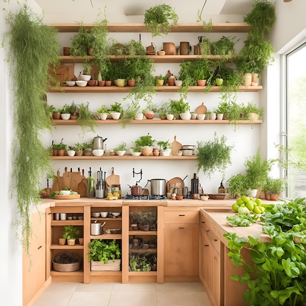 Bujna, zielona kuchnia wypełniona roślinami i liśćmi