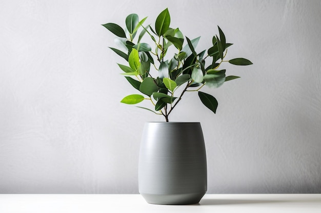 Bujna, zielona roślina elegancko wyeksponowana w szarym wazonie na nieskazitelnie białym stole. Generative Ai