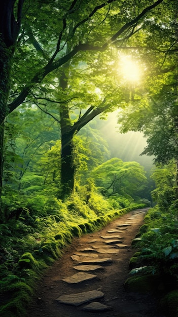 Bujna, zielona ścieżka leśna ze światłem słonecznym przepływającym przez tapetę na telefon