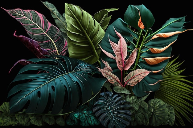 Bujne kolorowe liście tropikalne ciemne tło
