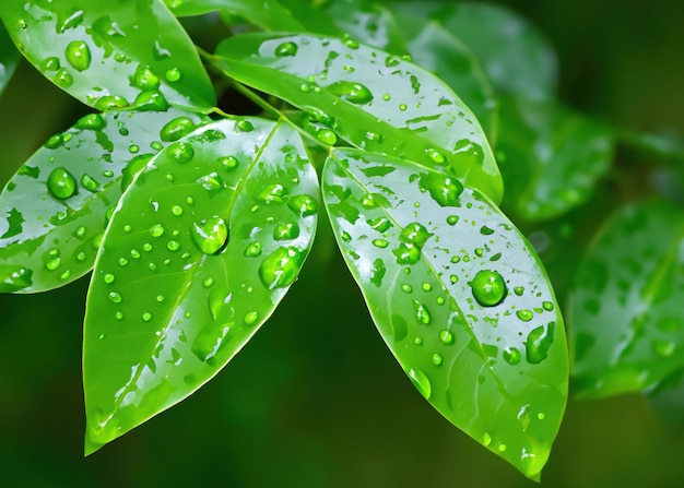 Bujne liście i krople deszczu Orzeźwiająca zieleń w strugach deszczu
