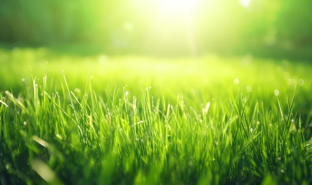 Bujne źdźbła trawy oświetlone ciepłym światłem słonecznym zbliżenie trawnika Generatywna AI realistyczna ilustracja