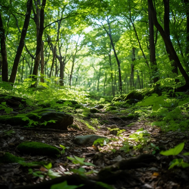 Bujne zielone liście w lesie Generative AI
