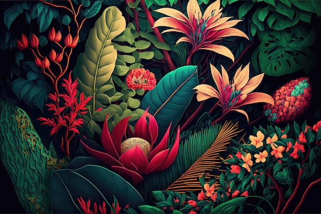Bujny las piękne kwiaty maksymalizm Duże jasne kwiaty i rośliny w lesie deszczowym renderowania 3d