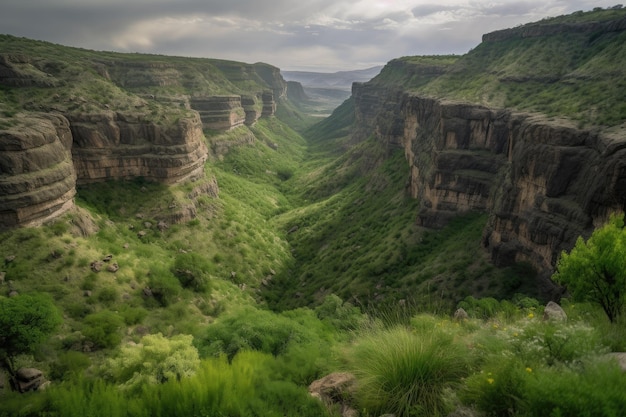 Bujny zielony krajobraz z wysokim kanionem w tle stworzony za pomocą generatywnej sztucznej inteligencji