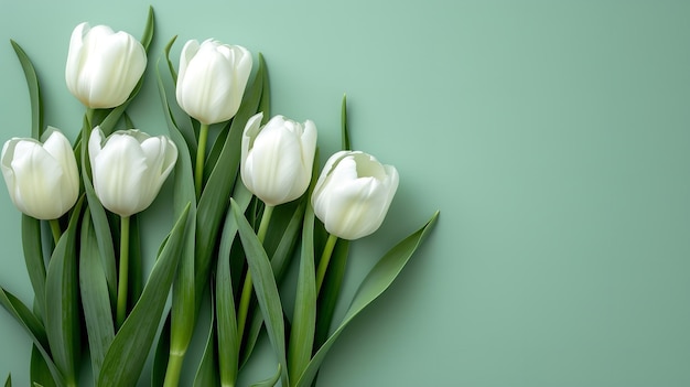 Buket nowo zebranych białych tulipanów leżących nad bladozielonym otoczeniem i przestrzenią Generatywna sztuczna inteligencja