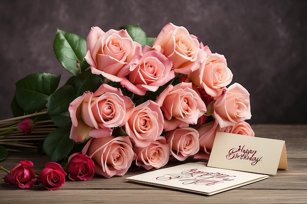 Buket róż i kartka Wszystkiego najlepszego w urodzinach