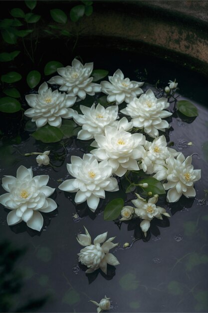 Bukiet białych kwiatów pływających w misce z generatywną wodą ai