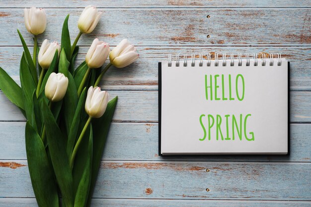Bukiet białych kwiatów tulipanów na tle niebieskich desek z notatnikiem z napisem Hello Spring