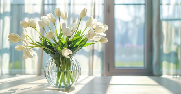 Bukiet białych tulipanów w przezroczystej szklanej wazonie na stole na niewyraźnym tle
