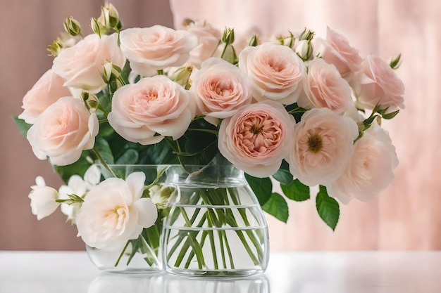 Bukiet bladych róż w szklanym wazonie fotorealistycznym