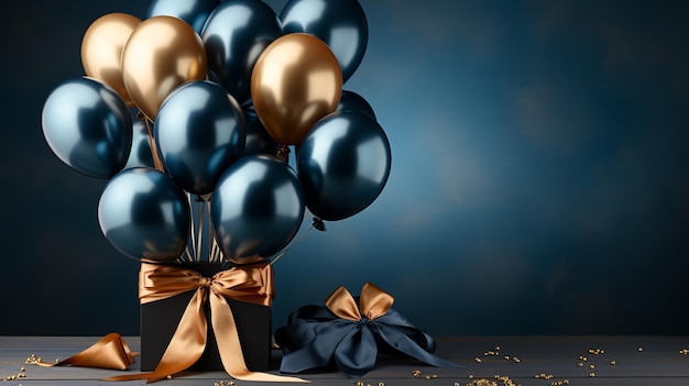 Zdjęcie bukiet ciemno niebieskich i złotych balonów na stałym tle