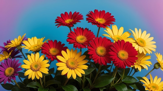 Bukiet czerwonych i żółtych kwiatów na niebieskim tle.