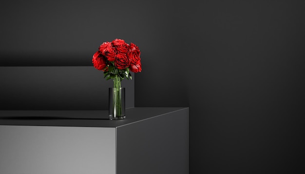 Zdjęcie bukiet czerwonych kwiatów w wazonie czarne tło renderowania 3d