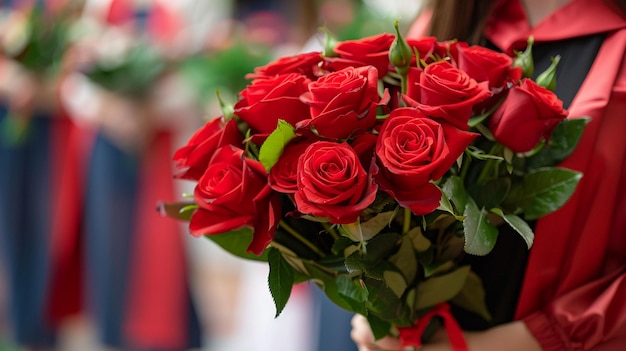 Bukiet czerwonych róż był w ręku studenta świętującego uroczystość ukończenia studiów.