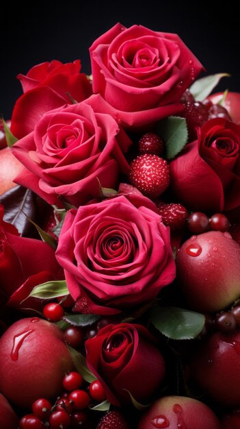 bukiet czerwonych róż i jagód na czarnym tle