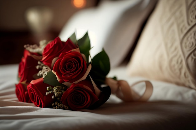 Bukiet czerwonych róż leży na łóżku obok łóżka.