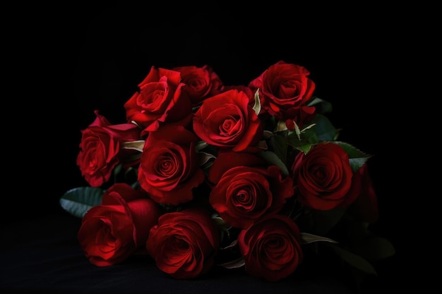 Bukiet czerwonych róż na czarnym tle stworzony za pomocą generatywnej ai