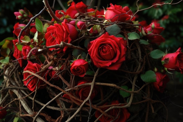 Bukiet czerwonych róż pełen płatków i cierni stworzony za pomocą generatywnej sztucznej inteligencji