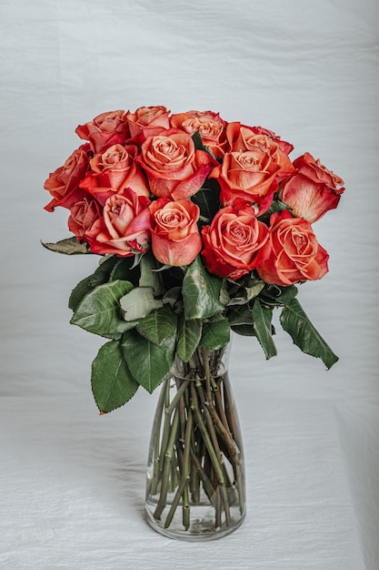 Bukiet czerwonych róż w przezroczystym szklanym wazonie na białym tle