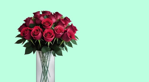 Bukiet czerwonych róż w szklanym wazonie na jasnym tle z miejscem na tekst Gratulacje pocztowe