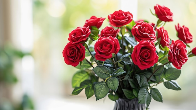 Bukiet czerwonych róż w wazonie w pokoju w przestronnym świetle poranka