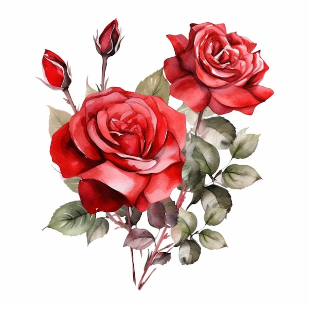 Bukiet czerwonych róż z zielonymi liśćmi na białym tle.