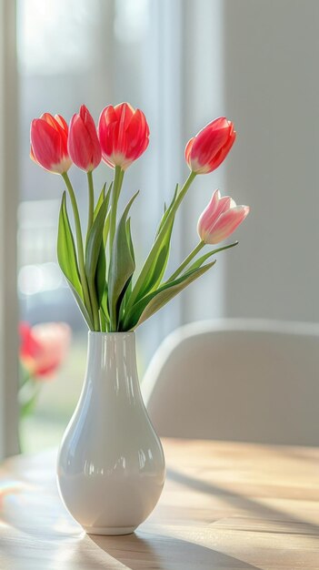 Bukiet czerwonych tulipanów w białym wazonie zbliżenie na stole na niewyraźnym tle w domu słonecznym