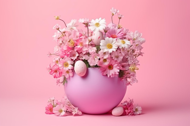 Bukiet delikatnych kwiatów w różowym kolorze skorupki jajka różowy kolor różowy tło różowy świat