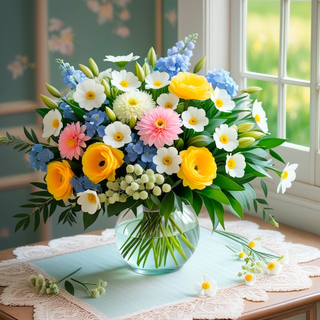 Bukiet delikatnych realistycznych kwiatów w szklanym wazonie stoi na stole z delikatnym oknem