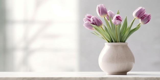 Bukiet fioletowych pięknych tulipanów w wazonie z białego marmuru na białym stole