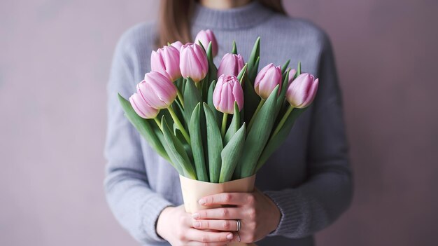 Bukiet fioletowych tulipanów na rękach Ilustracja AI GenerativexA