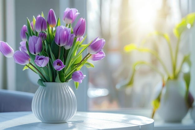 Zdjęcie bukiet fioletowych tulipanów w białym wazonie na stole na niewyraźnym tle w domowym słońcu