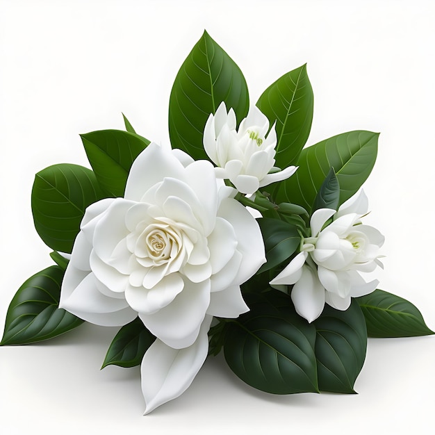 Bukiet Gardenia cape jasmine z liśćmi izolowanymi na białym tle 3D