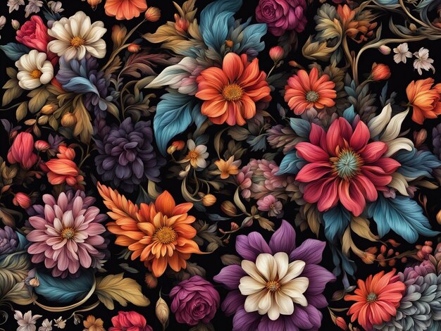 Bukiet Kolorowych Kwiatów Na Czarnym Tle Tapeta Z Ciemnym Kwiatowym Wzorem Misterny Kwiat D