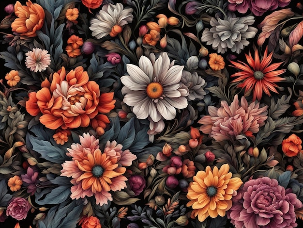 bukiet kolorowych kwiatów na czarnym tle tapeta z ciemnym kwiatowym wzorem misterny kwiat d