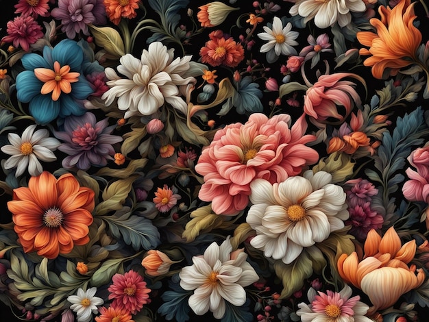 bukiet kolorowych kwiatów na czarnym tle tapeta z ciemnym kwiatowym wzorem misterny kwiat d