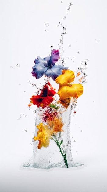 Bukiet kolorowych kwiatów w plamach wody farby na białym tle kolorowe kolory