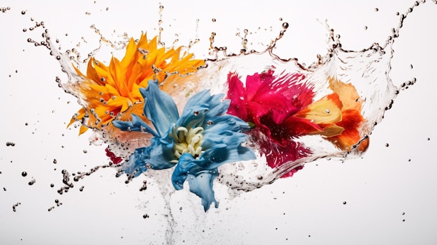 Bukiet kolorowych rozprysków wody z kwiatami na białym tle kolory kolorowe