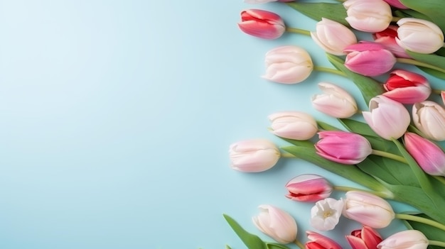 Bukiet kolorowych tulipanów Świąteczne kwiaty na niebieskim tle Dzień matki wielkanocny Dzień kobiet