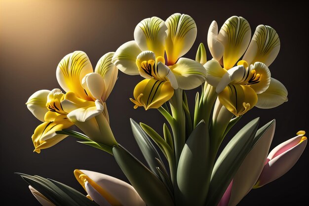 Bukiet krokusów i tulipanów na jednolitym kolorze tła jest generatywny